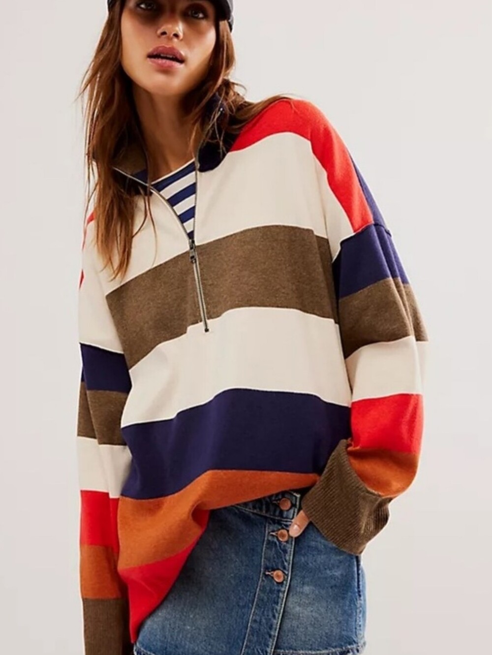 FREE PEOPLE Coastal Stripes Iconic Half Zip Mock Neck Oversize Pullover M NWT